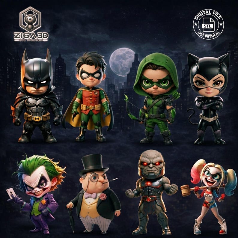 May include: A collection of stylized figurines of DC Comics characters, including Batman, Robin, Green Arrow, Catwoman, The Joker, The Penguin, Darkseid, and Harley Quinn. Each figure is depicted in a distinctive costume with exaggerated features. The background is a dark cityscape with a full moon.