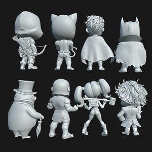 May include: A collection of eight gray, stylized figurines of comic book characters. The figures include a character with a bow and arrow, a cat-eared figure, a figure with a cape, a figure with a bat-shaped cowl, a figure with a top hat, a figure with a helmet, a figure with a mallet, and a figure with curly hair.