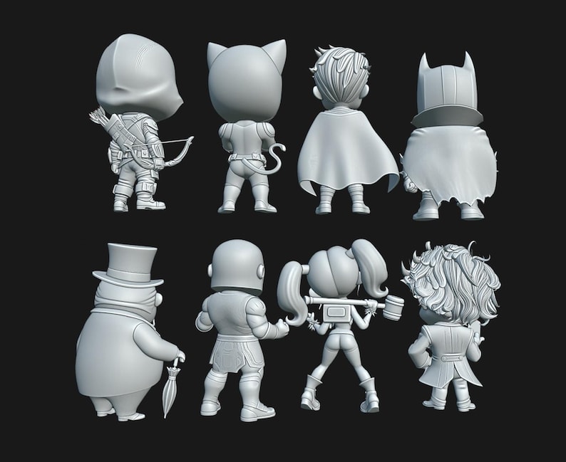 May include: A collection of eight gray, stylized figurines of comic book characters. The figures include a character with a bow and arrow, a cat-eared figure, a figure with a cape, a figure with a bat-shaped cowl, a figure with a top hat, a figure with a helmet, a figure with a mallet, and a figure with curly hair.