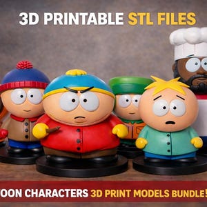 Puede incluir: Un conjunto de seis archivos STL imprimibles en 3D con modelos de personajes de dibujos animados. Las figuras presentan atuendos y expresiones faciales distintivas, sobre bases negras. La imagen incluye el texto "3D PRINTABLE STL FILES".