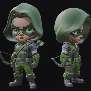 May include: A stylized figurine of a superhero in a green and black costume, complete with a hood, mask, and bow and arrow. The figure has a determined expression and is posed ready for action. The figure is approximately 6 inches tall.