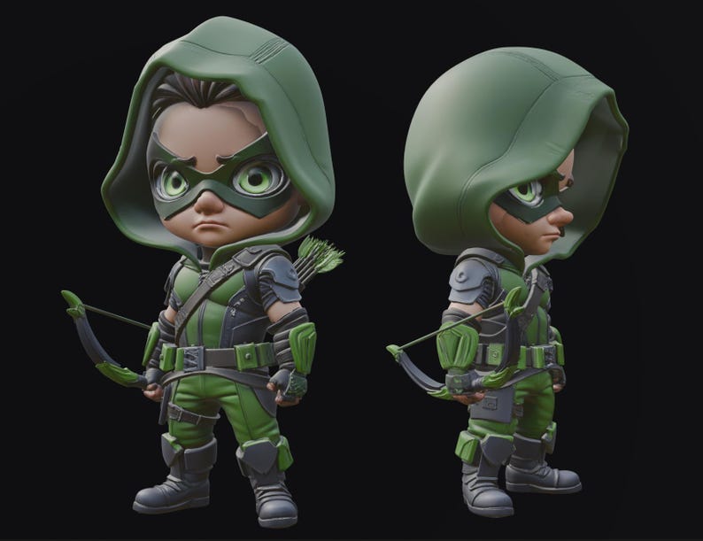 May include: A stylized figurine of a superhero in a green and black costume, complete with a hood, mask, and bow and arrow. The figure has a determined expression and is posed ready for action. The figure is approximately 6 inches tall.