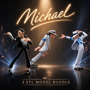 Puede incluir: Imagen de arte digital con tres figuras estilizadas en poses dinámicas, que recuerdan a un famoso artista. Las figuras visten atuendos icónicos, con el nombre "Michael" en una escritura brillante arriba. El texto "3 STL MODEL BUNDLE" está en la parte inferior.