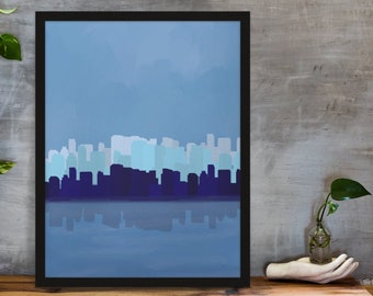Mid Century Modern Wall Art City Skyline Blue Abstract Download and Print