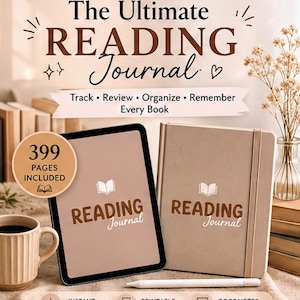 K&ouml;nnte beinhalten: Ein digitales Tablet und ein physisches Notizbuch, beide mit dem Titel The Ultimate READING Journal, mit 399 Seiten. Das Set enth&auml;lt Text mit den Angaben Track, Review, Organize, Remember Every Book, Instant Download, Printable PDF und Goodnotes Compatible.