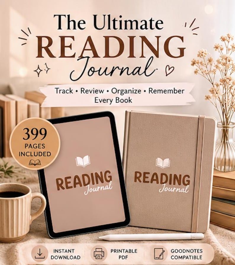K&ouml;nnte beinhalten: Ein digitales Tablet und ein physisches Notizbuch, beide mit dem Titel The Ultimate READING Journal, mit 399 Seiten. Das Set enth&auml;lt Text mit den Angaben Track, Review, Organize, Remember Every Book, Instant Download, Printable PDF und Goodnotes Compatible.