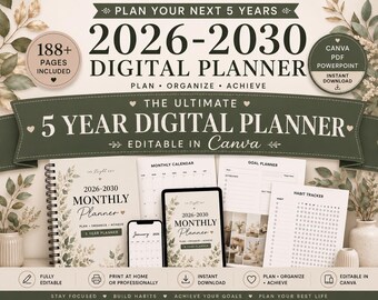 5 Year Digital Planner Bundle | Editable Canva Monthly Planner (2026-2030)