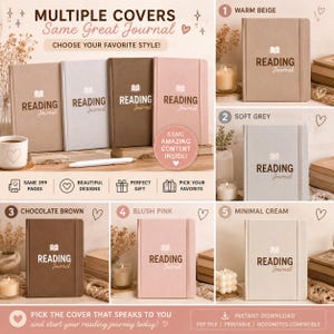K&ouml;nnte beinhalten: Eine Sammlung von Lesetageb&uuml;chern in verschiedenen Farben, darunter warmes Beige, sanftes Grau, Schokoladenbraun, Altrosa und minimales Creme. Jedes Tagebuch hat einen festen Einband mit dem Text READING Journal und einem Symbol eines offenen Buches.