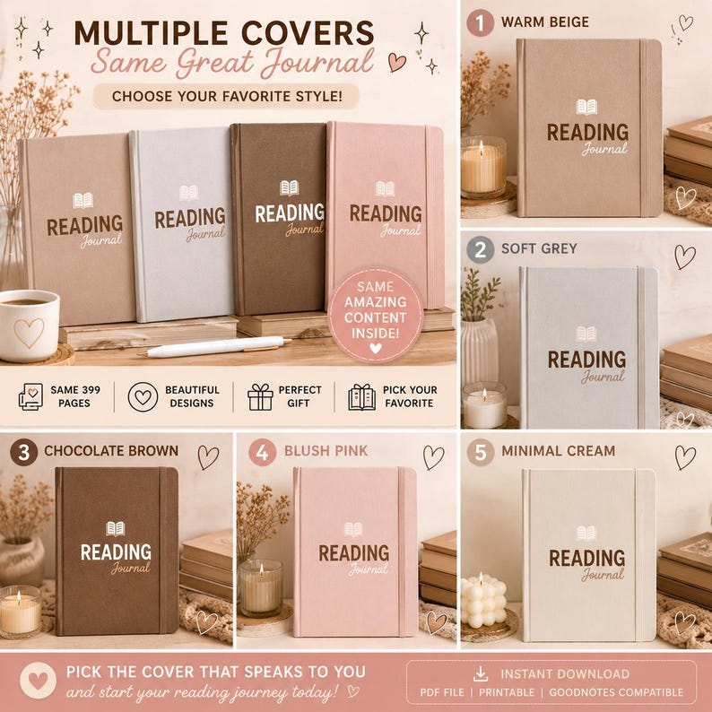 K&ouml;nnte beinhalten: Eine Sammlung von Lesetageb&uuml;chern in verschiedenen Farben, darunter warmes Beige, sanftes Grau, Schokoladenbraun, Altrosa und minimales Creme. Jedes Tagebuch hat einen festen Einband mit dem Text READING Journal und einem Symbol eines offenen Buches.