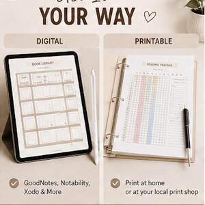 K&ouml;nnte beinhalten: Ein digitales Tablet mit einer Bibliotheksvorlage und einem Eingabestift neben einem physischen Ordner mit einer ausgedruckten Leseliste. Der Text lautet Use It Your Way, Digital, Printable, GoodNotes, Notability, Xodo & More, Print at home or at your local print shop, Flexible, Convenient, Beautiful.
