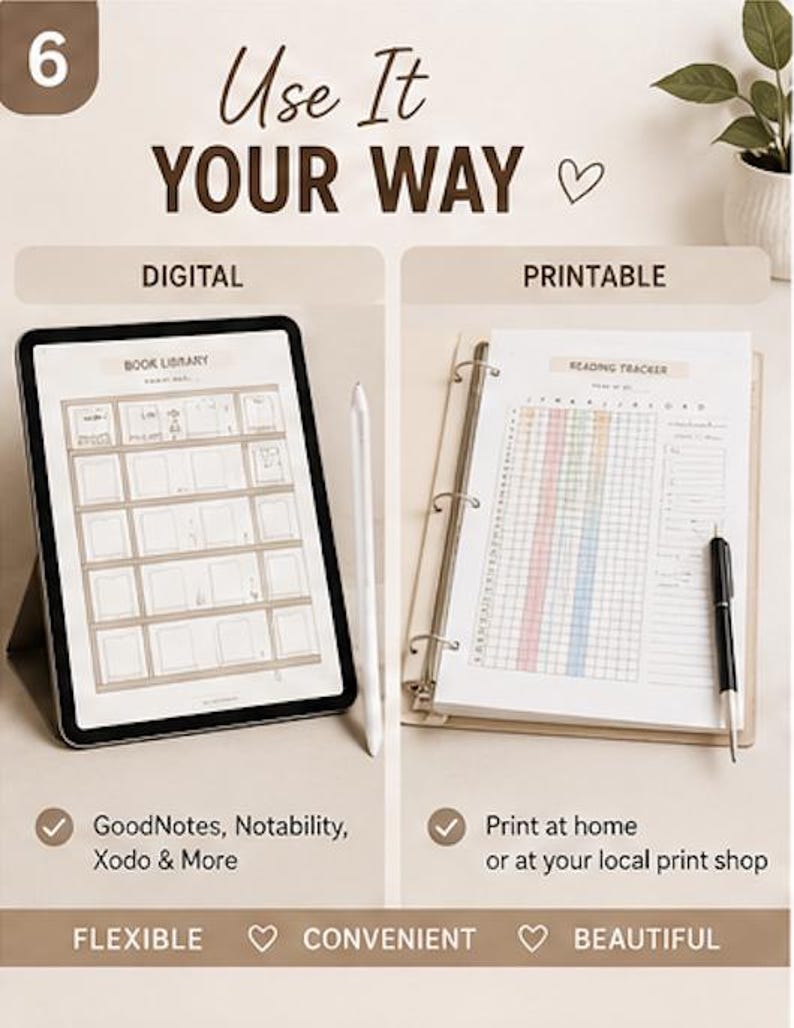 K&ouml;nnte beinhalten: Ein digitales Tablet mit einer Bibliotheksvorlage und einem Eingabestift neben einem physischen Ordner mit einer ausgedruckten Leseliste. Der Text lautet Use It Your Way, Digital, Printable, GoodNotes, Notability, Xodo & More, Print at home or at your local print shop, Flexible, Convenient, Beautiful.