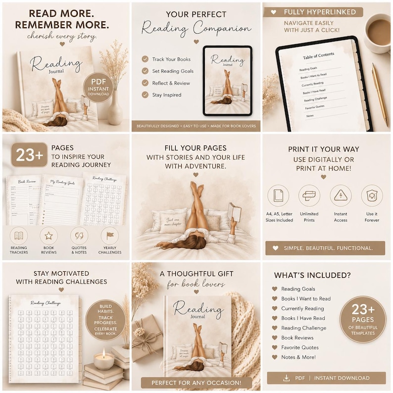 May include: A digital reading journal template set featuring a beige and white color palette. The layout includes pages for tracking books, setting goals, and recording reviews. Text elements include Reading Journal, Table of Contents, and 23+ Pages.