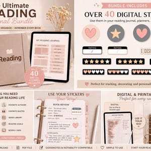 K&ouml;nnte beinhalten: Ein digitales Lesetagebuch-Paket mit einem 399-seitigen PDF, &uuml;ber 40 digitalen Stickern und Planer-Vorlagen. Das Set enth&auml;lt Bewertungsskalen, Buchrezensionsseiten, Lese-Tracker und Ziellisten, die mit Apps wie Goodnotes kompatibel sind.