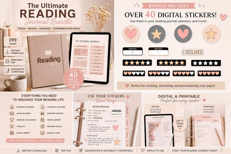 K&ouml;nnte beinhalten: Ein digitales Lesetagebuch-Paket mit einem 399-seitigen PDF, &uuml;ber 40 digitalen Stickern und Planer-Vorlagen. Das Set enth&auml;lt Bewertungsskalen, Buchrezensionsseiten, Lese-Tracker und Ziellisten, die mit Apps wie Goodnotes kompatibel sind.