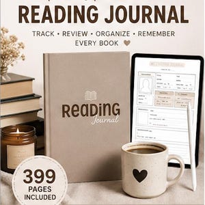 K&ouml;nnte beinhalten: Ein beiges Lesetagebuch mit dem Text Reading Journal auf dem Einband, begleitet von einem Tablet mit einer digitalen Tagebuchseite, einem Eingabestift, einer Tasse mit Herz und einer Kerze. Der Text lautet The Ultimate Reading Journal und 399 Pages Included.