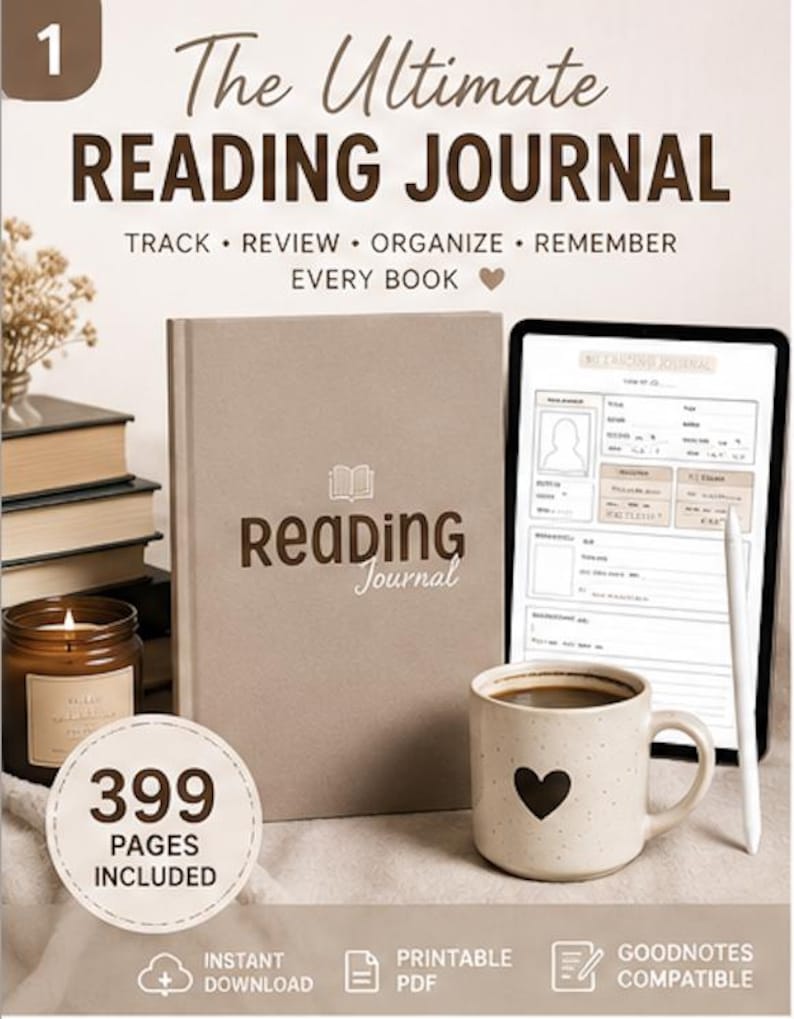 K&ouml;nnte beinhalten: Ein beiges Lesetagebuch mit dem Text Reading Journal auf dem Einband, begleitet von einem Tablet mit einer digitalen Tagebuchseite, einem Eingabestift, einer Tasse mit Herz und einer Kerze. Der Text lautet The Ultimate Reading Journal und 399 Pages Included.