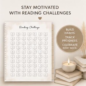 May include: A spiral-bound reading challenge planner with a page featuring a grid of book icons. The text reads: STAY MOTIVATED WITH READING CHALLENGES, Reading Challenge, and BUILD HABITS. TRACK PROGRESS. CELEBRATE EVERY BOOK. The planner has side tabs.
