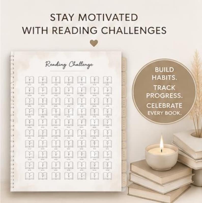 May include: A spiral-bound reading challenge planner with a page featuring a grid of book icons. The text reads: STAY MOTIVATED WITH READING CHALLENGES, Reading Challenge, and BUILD HABITS. TRACK PROGRESS. CELEBRATE EVERY BOOK. The planner has side tabs.