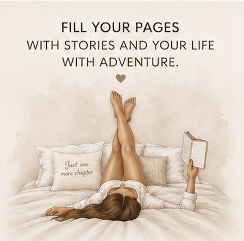 May include: An illustration of a person lying on a bed with legs raised, reading an open book. The text reads: FILL YOUR PAGES WITH STORIES AND YOUR LIFE WITH ADVENTURE. A pillow nearby features the text: Just one more chapter. The scene is rendered in soft, warm, neutral tones.