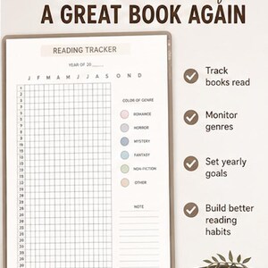 K&ouml;nnte beinhalten: Eine digitale Lese-Tracker-Vorlage mit einem Raster f&uuml;r Monate und Tage, einer farbcodierten Genre-Legende und einem Notizbereich. Der Text lautet Never Lose Track Of A GREAT BOOK AGAIN, Reading Tracker und Track books read.