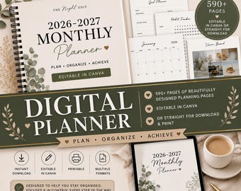 2026-2027 Monthly Planner, Editable Canva Template, Minimalist PDF (Digital Download)