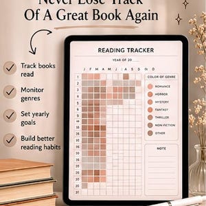 K&ouml;nnte beinhalten: Ein digitales Tablet mit einer Lesetracker-Vorlage und dem Text Never Lose Track Of A Great Book Again. Der Bildschirm zeigt ein Raster zur Verfolgung von B&uuml;chern nach Monat und Genre, mit einer farbcodierten Legende f&uuml;r Romanze, Horror, Krimi, Fantasy, Thriller, Sachbuch und Sonstiges.