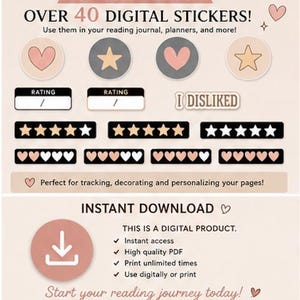 K&ouml;nnte beinhalten: Ein digitales Sticker-Set mit &uuml;ber 40 Elementen, darunter Herz- und Sternsymbole, Bewertungsskalen mit Sternen und Herzen sowie der Text I DISLIKED. Die Grafik enth&auml;lt Informationen zum Sofort-Download, PDF-Format und zur Nutzung in Lesetageb&uuml;chern.