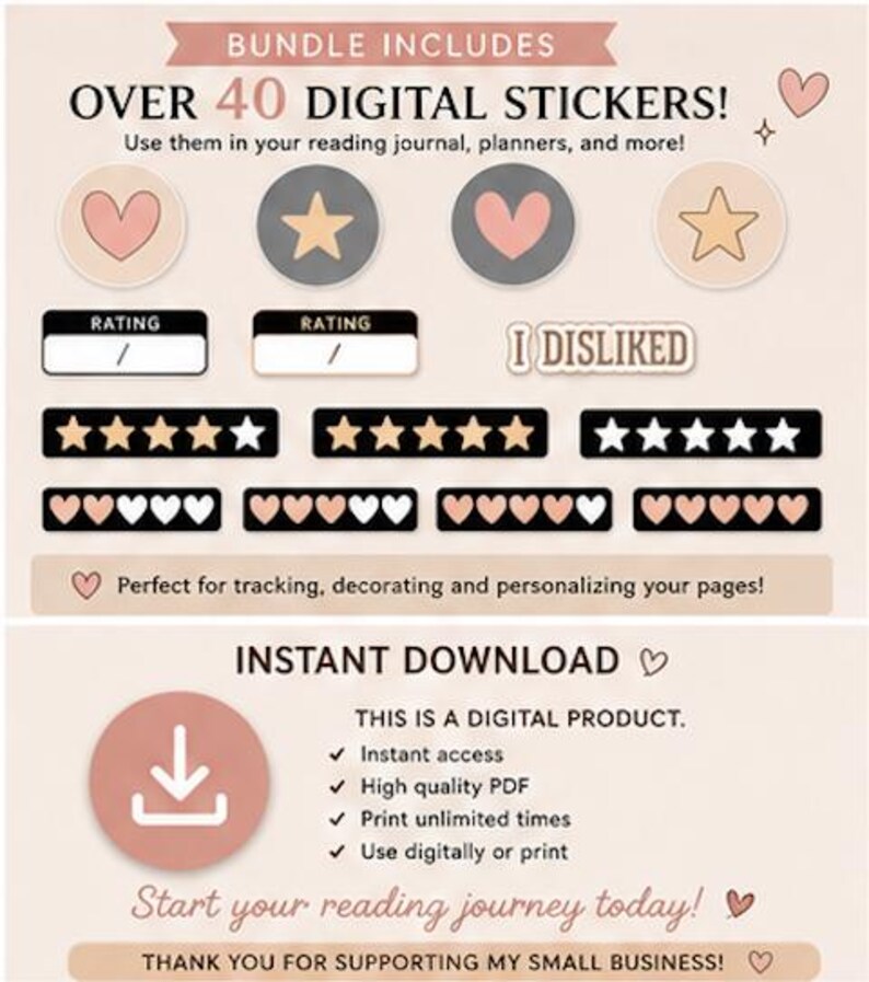 K&ouml;nnte beinhalten: Ein digitales Sticker-Set mit &uuml;ber 40 Elementen, darunter Herz- und Sternsymbole, Bewertungsskalen mit Sternen und Herzen sowie der Text I DISLIKED. Die Grafik enth&auml;lt Informationen zum Sofort-Download, PDF-Format und zur Nutzung in Lesetageb&uuml;chern.