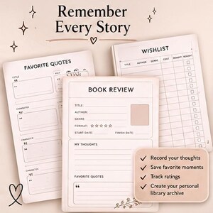 K&ouml;nnte beinhalten: Drei cremefarbene Papierb&ouml;gen mit schwarzem Text und Linien. Die B&ouml;gen enthalten &Uuml;berschriften f&uuml;r Favorite Quotes, Book Review und Wishlist. Ein kleines rechteckiges Feld listet auf: Record your thoughts, Save favorite moments, Track ratings, Create your personal library archive. Der Text oben lautet Remember Every Story.