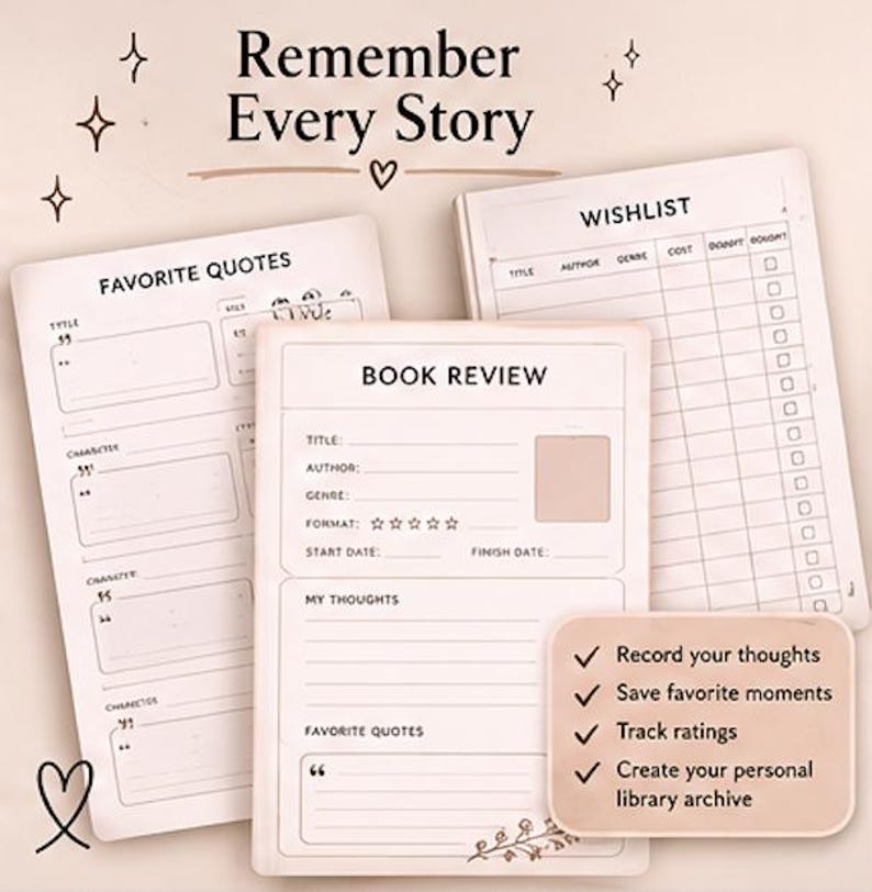 K&ouml;nnte beinhalten: Drei cremefarbene Papierb&ouml;gen mit schwarzem Text und Linien. Die B&ouml;gen enthalten &Uuml;berschriften f&uuml;r Favorite Quotes, Book Review und Wishlist. Ein kleines rechteckiges Feld listet auf: Record your thoughts, Save favorite moments, Track ratings, Create your personal library archive. Der Text oben lautet Remember Every Story.