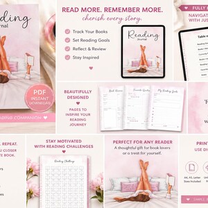 May include: A digital reading journal featuring a pink watercolor cover with an illustration of a person reading in bed. The set includes pages for book reviews, reading goals, and challenges, with text such as Reading Journal, Table of Contents, and Read More.