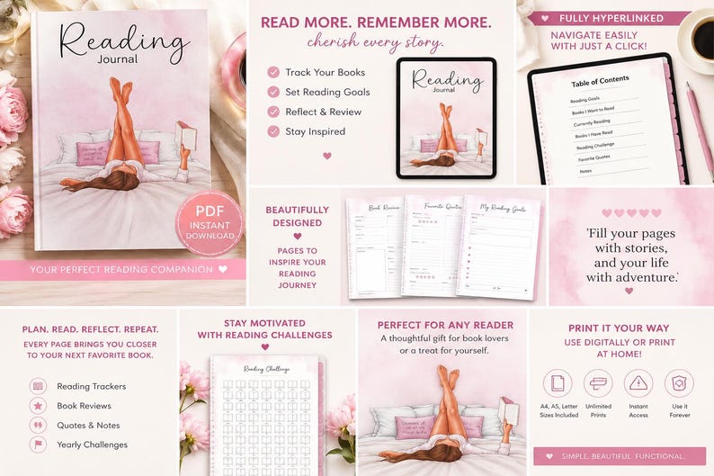 May include: A digital reading journal featuring a pink watercolor cover with an illustration of a person reading in bed. The set includes pages for book reviews, reading goals, and challenges, with text such as Reading Journal, Table of Contents, and Read More.