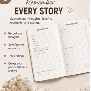 K&ouml;nnte beinhalten: Ein offenes Buchrezensions-Journal mit wei&szlig;en Seiten, das gedruckte Felder f&uuml;r Titel, Autor, Genre, Datum und Sternebewertungen enth&auml;lt. Der Text lautet Remember EVERY STORY, Capture your thoughts, favorite moments, and ratings.
