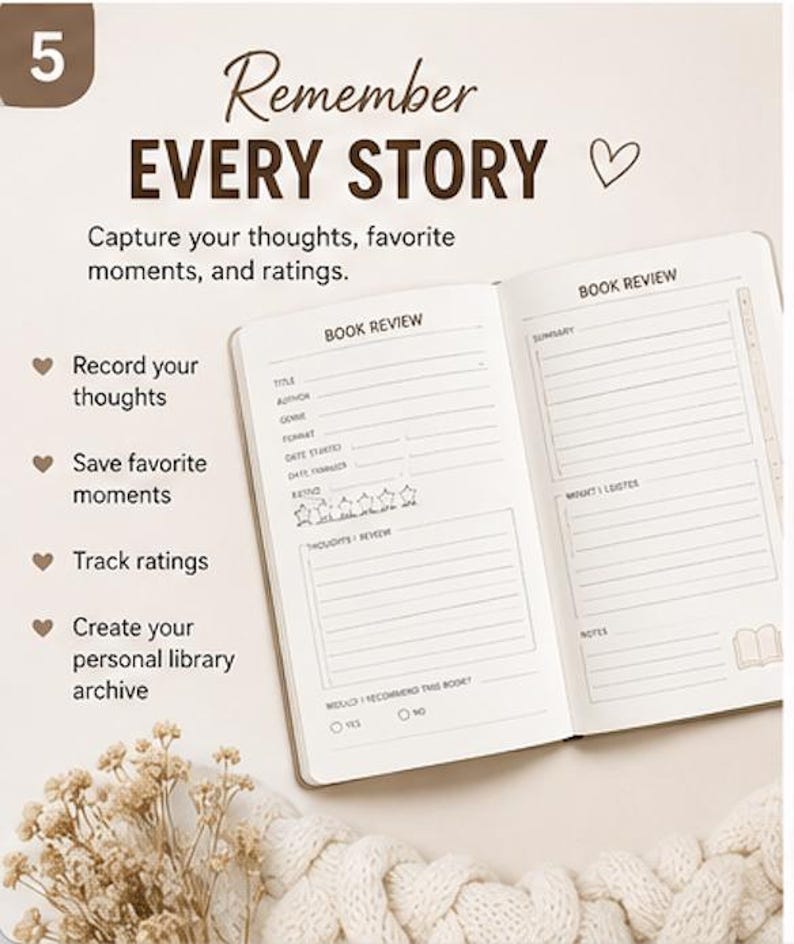 K&ouml;nnte beinhalten: Ein offenes Buchrezensions-Journal mit wei&szlig;en Seiten, das gedruckte Felder f&uuml;r Titel, Autor, Genre, Datum und Sternebewertungen enth&auml;lt. Der Text lautet Remember EVERY STORY, Capture your thoughts, favorite moments, and ratings.