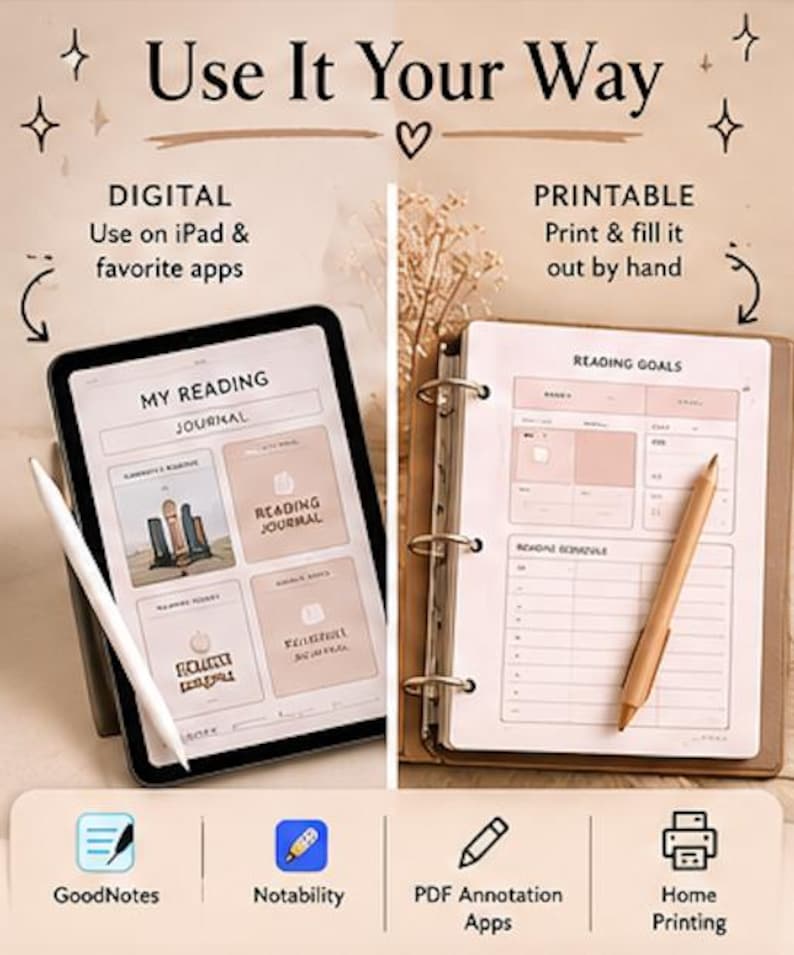 K&ouml;nnte beinhalten: Ein digitales Lesetagebuch auf einem Tablet mit Eingabestift neben einer gedruckten Version in einem Ordner mit Stift. Der Text lautet Use It Your Way, My Reading Journal, Reading Goals und Reading Schedule, mit App-Symbolen darunter.