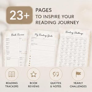 May include: A digital reading planner featuring three pages with sections for Book Reviews, My Reading Goals, and a Reading Challenge. The text reads 23+ PAGES TO INSPIRE YOUR READING JOURNEY, with icons for reading trackers, book reviews, quotes, and notes.