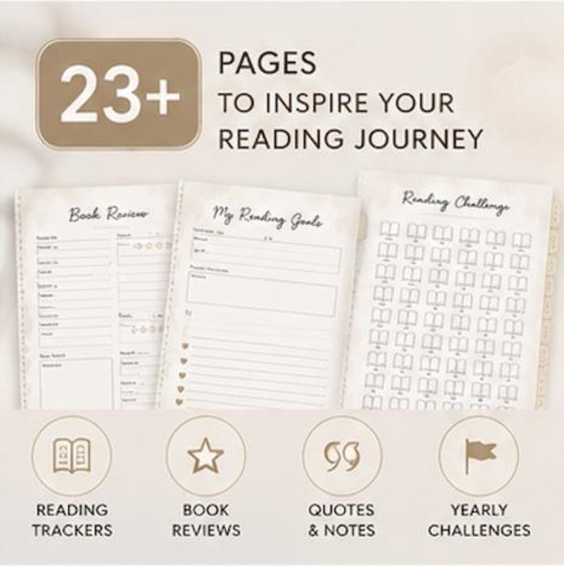 May include: A digital reading planner featuring three pages with sections for Book Reviews, My Reading Goals, and a Reading Challenge. The text reads 23+ PAGES TO INSPIRE YOUR READING JOURNEY, with icons for reading trackers, book reviews, quotes, and notes.