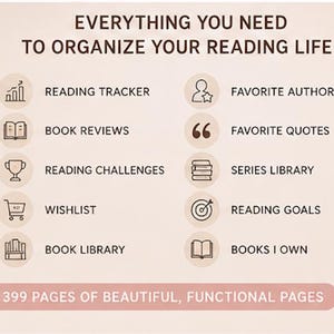 K&ouml;nnte beinhalten: Eine digitale Planerseite mit dem Titel EVERYTHING YOU NEED TO ORGANIZE YOUR READING LIFE. Sie listet Funktionen wie READING TRACKER, BOOK REVIEWS, READING CHALLENGES, WISHLIST, BOOK LIBRARY, FAVORITE AUTHORS, FAVORITE QUOTES, SERIES LIBRARY, READING GOALS, BOOKS I OWN und 399 PAGES OF BEAUTIFUL, FUNCTIONAL PAGES auf.