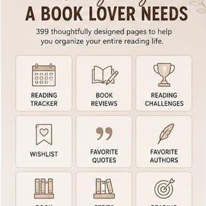 K&ouml;nnte beinhalten: Eine beige Infografik mit dem Titel Everything A Book Lover Needs und 399 Seiten zur Organisation des Leselebens. Sie enth&auml;lt neun Symbole f&uuml;r Lesetracker, Buchrezensionen, Leseherausforderungen, Wunschliste, Zitate, Autoren, Bibliothek und Leseziele.