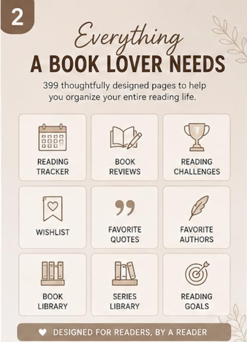 K&ouml;nnte beinhalten: Eine beige Infografik mit dem Titel Everything A Book Lover Needs und 399 Seiten zur Organisation des Leselebens. Sie enth&auml;lt neun Symbole f&uuml;r Lesetracker, Buchrezensionen, Leseherausforderungen, Wunschliste, Zitate, Autoren, Bibliothek und Leseziele.