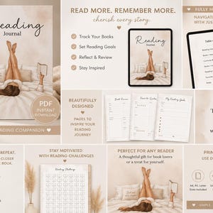 May include: A digital reading journal featuring a beige color palette. The cover displays an illustration of a person lying on a bed reading a book. Includes pages for book reviews, reading goals, and trackers. Text includes Reading Journal, Read More. Remember More. Cherish every story, and Fill your pages with stories, and your life with adventure.