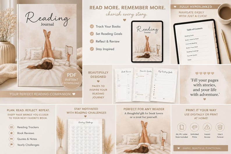 May include: A digital reading journal featuring a beige color palette. The cover displays an illustration of a person lying on a bed reading a book. Includes pages for book reviews, reading goals, and trackers. Text includes Reading Journal, Read More. Remember More. Cherish every story, and Fill your pages with stories, and your life with adventure.
