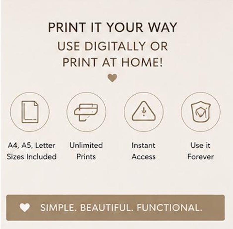 May include: A digital print instruction graphic with the text PRINT IT YOUR WAY USE DIGITALLY OR PRINT AT HOME. Four circular icons represent A4, A5, and Letter sizes, unlimited prints, instant access, and lifetime use. A bottom bar reads SIMPLE. BEAUTIFUL. FUNCTIONAL.