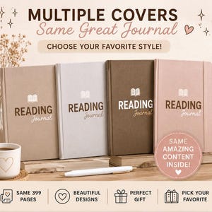 K&ouml;nnte beinhalten: Vier Lesetageb&uuml;cher mit festem Einband in Beige, Hellgrau, Dunkelbraun und Altrosa. Jedes Tagebuch zeigt ein Buchsymbol und den Text "READING Journal" auf dem Einband. Das Bild enth&auml;lt den Text "MULTIPLE COVERS Same Great Journal".