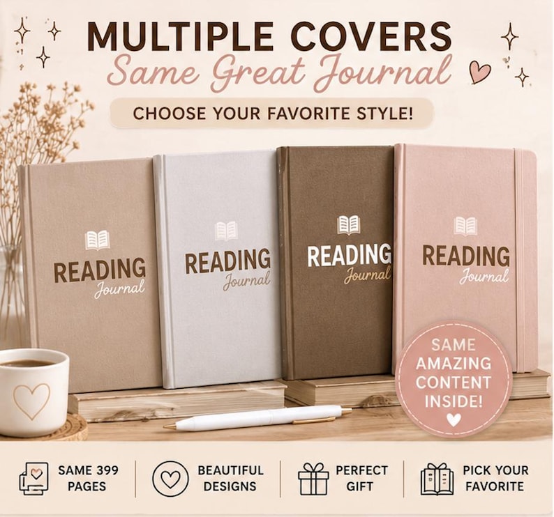 K&ouml;nnte beinhalten: Vier Lesetageb&uuml;cher mit festem Einband in Beige, Hellgrau, Dunkelbraun und Altrosa. Jedes Tagebuch zeigt ein Buchsymbol und den Text "READING Journal" auf dem Einband. Das Bild enth&auml;lt den Text "MULTIPLE COVERS Same Great Journal".
