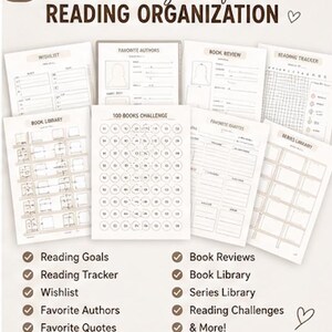 K&ouml;nnte beinhalten: Eine Sammlung digitaler Seiten zur Leseorganisation mit dem Text 399 Pages Of READING ORGANIZATION. Das Set enth&auml;lt Vorlagen f&uuml;r eine Wunschliste, Lieblingsautoren, Buchrezensionen, Lese-Tracker, Buchbibliothek, 100-B&uuml;cher-Challenge und Lieblingszitate.