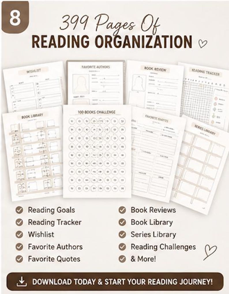 K&ouml;nnte beinhalten: Eine Sammlung digitaler Seiten zur Leseorganisation mit dem Text 399 Pages Of READING ORGANIZATION. Das Set enth&auml;lt Vorlagen f&uuml;r eine Wunschliste, Lieblingsautoren, Buchrezensionen, Lese-Tracker, Buchbibliothek, 100-B&uuml;cher-Challenge und Lieblingszitate.