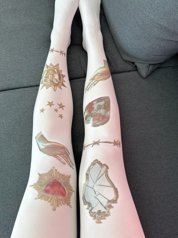 Collant stampati con stampa tatuaggio dorato, rosa, sole oro