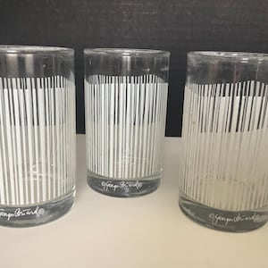 May include: Three clear drinking glasses with a white vertical stripe design. The glasses have a cylindrical shape and a rounded base. The text "Georges Briard" is printed on the base of each glass.