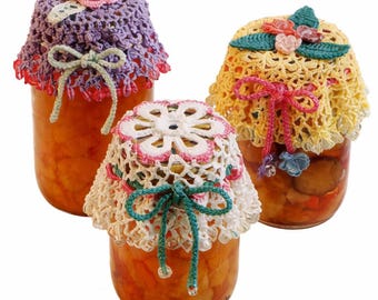 Patrones de tapas de tarros de crochet con cuentas vintage: tapas de tarros de cristal con encaje, decoración de cocina estilo cottagecore, crochet con hilo floral